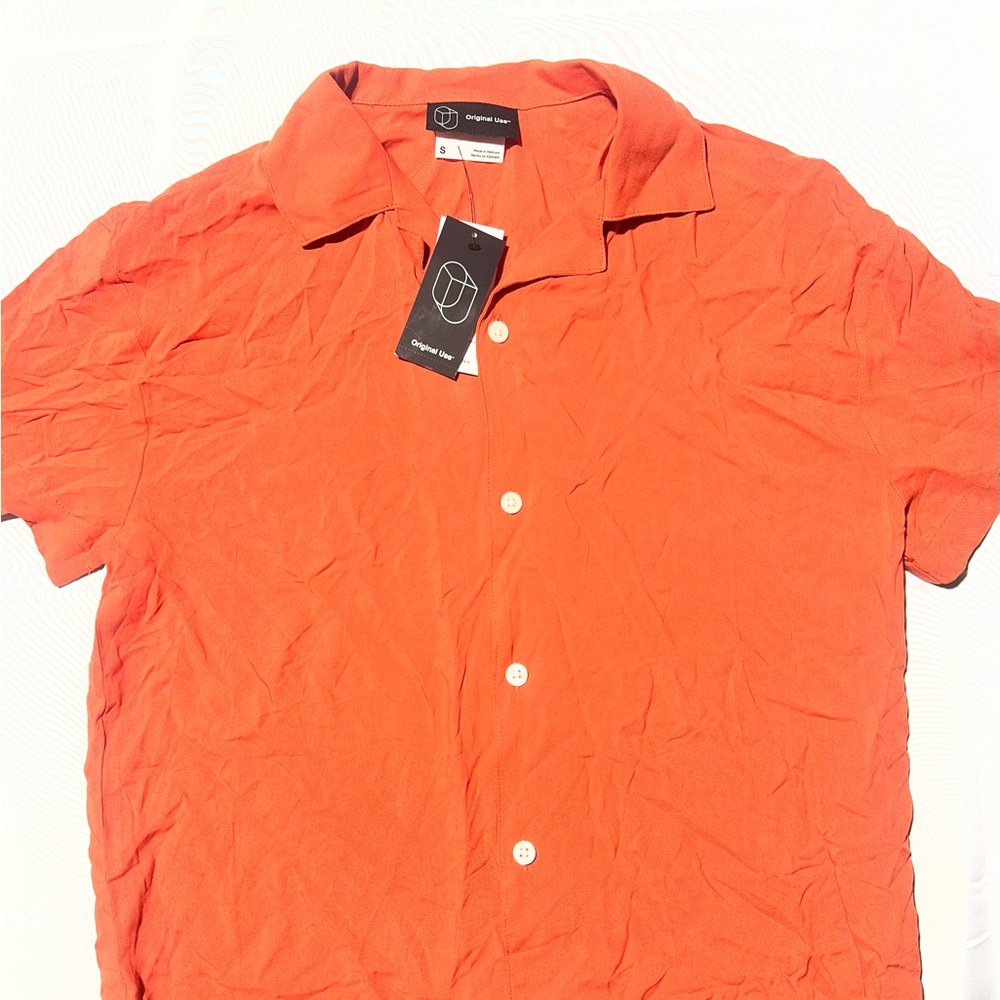 Original Use Orange Camp-Collar Short Sleeve Button-Down Shirt